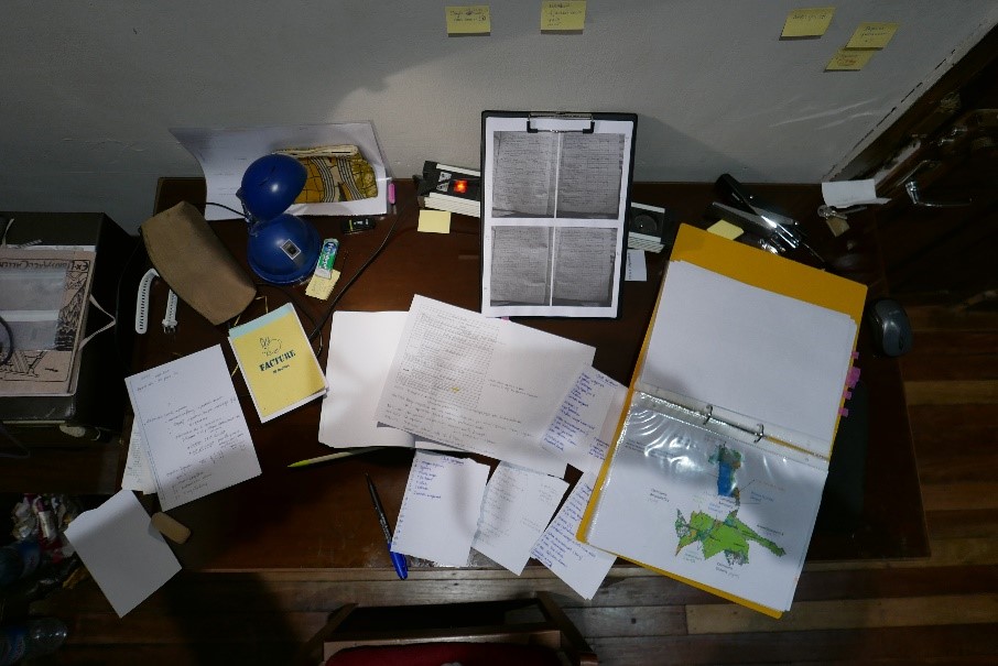 preparation of the list of materials and the selection of participants on my desk at Maison du Pyla 